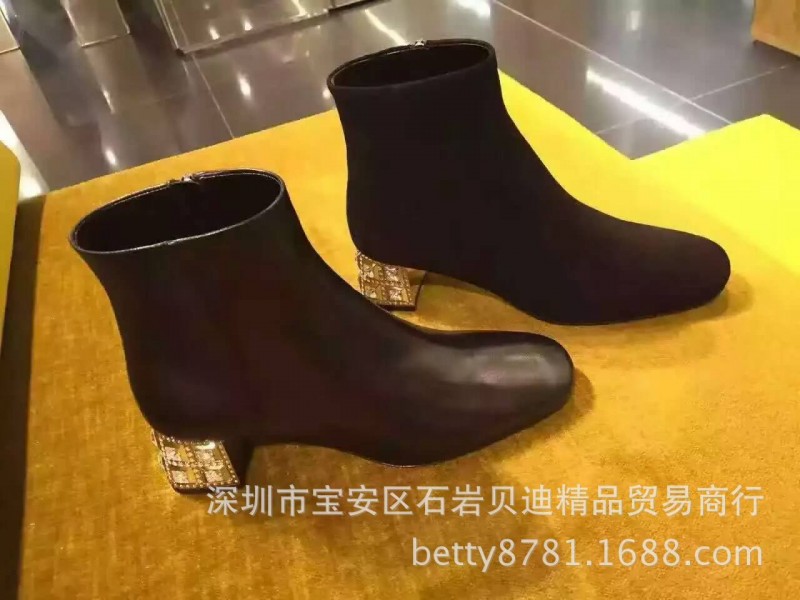 代購級貨源一手直批 頭層牛皮水鉆粗跟中跟短靴 方頭側拉鏈單靴女工廠,批發,進口,代購