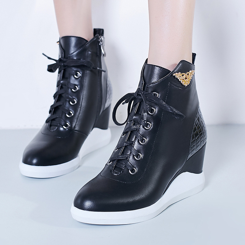 2016新款韓版秋冬女式馬丁靴系帶坡跟短靴拉鏈休閒高跟女靴子工廠,批發,進口,代購