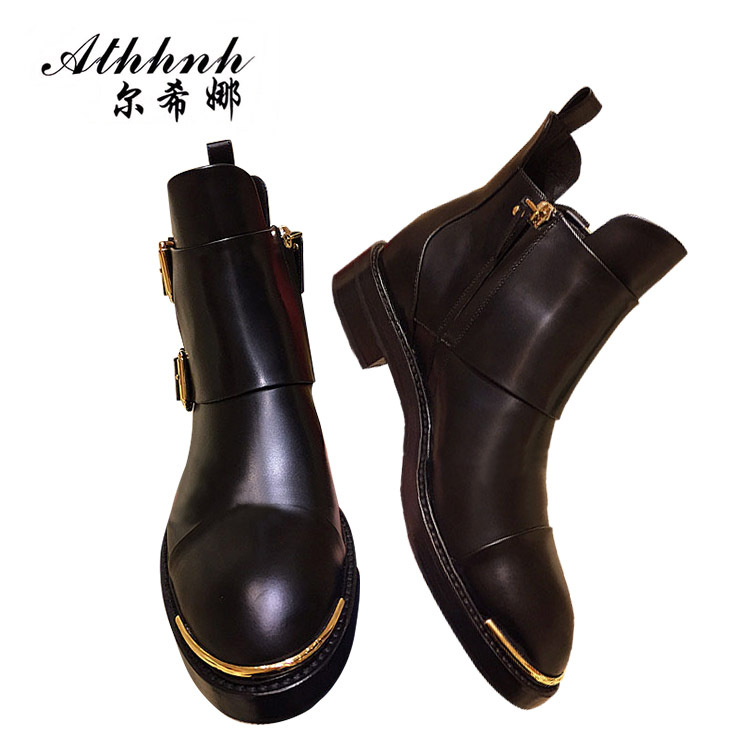 明星同款歐美秋冬短靴圓頭馬丁靴方扣金屬頭潮流靴女靴一件代發批發・進口・工廠・代買・代購