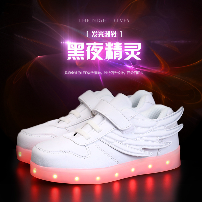 新款USB充電七彩led發光鞋兒童翅膀燈鞋夜光閃光鞋魔術貼兒童板鞋工廠,批發,進口,代購