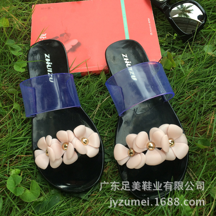 智慧足山茶花果凍鞋夏防水花朵塑料涼拖沙灘鞋水晶涼鞋女平底一字批發・進口・工廠・代買・代購