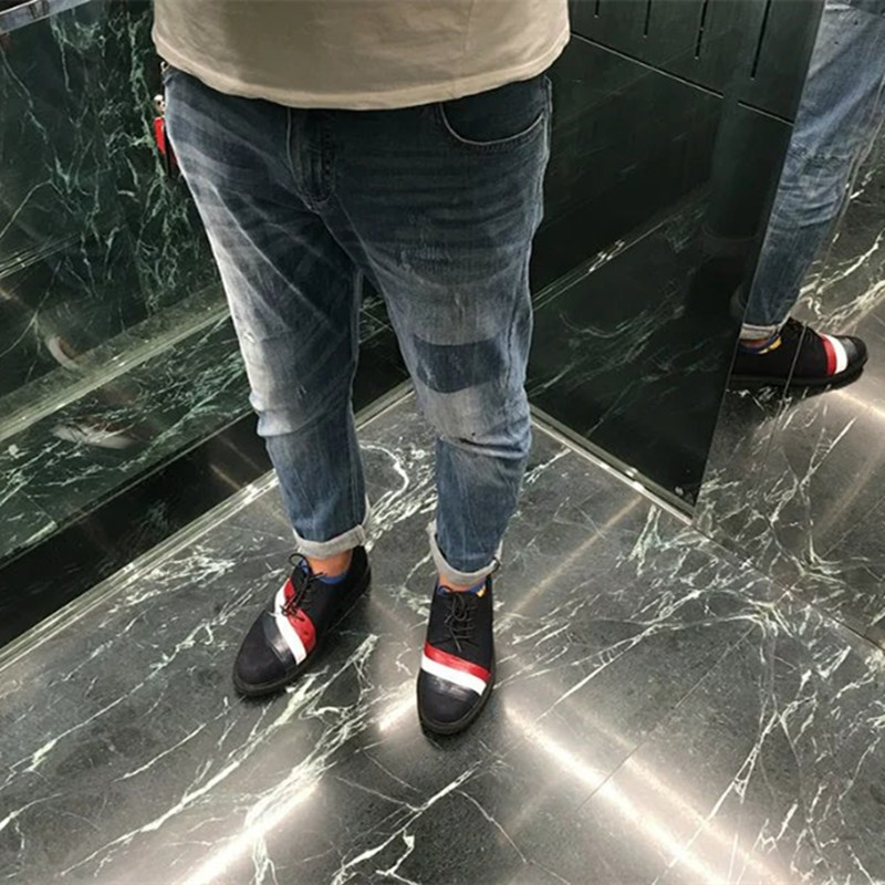 走哪裡都是焦點 防臭 頭層牛皮拼接磨砂皮 條紋男士休閒鞋男工廠,批發,進口,代購