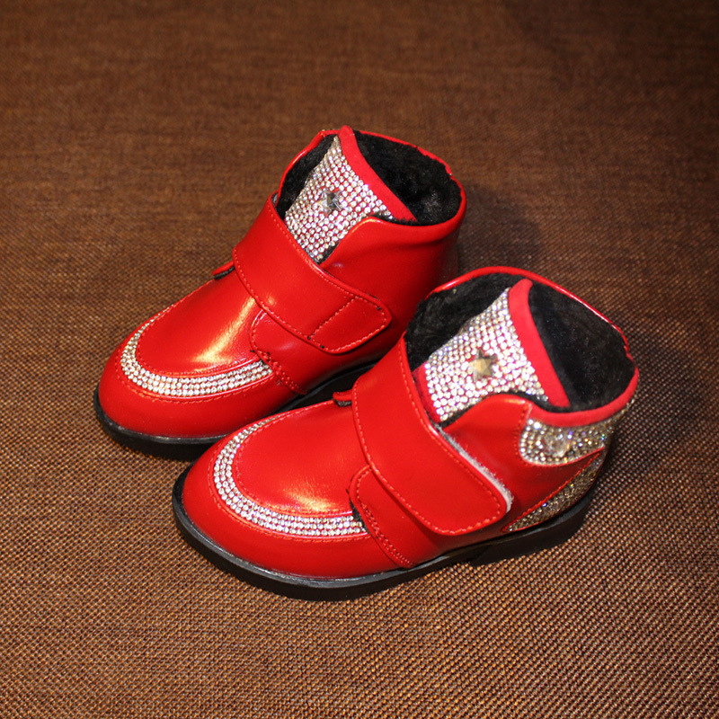 冬季新款男女童棉鞋 皮革紅色保暖童棉鞋 橡膠底黑色防滑童鞋現貨工廠,批發,進口,代購