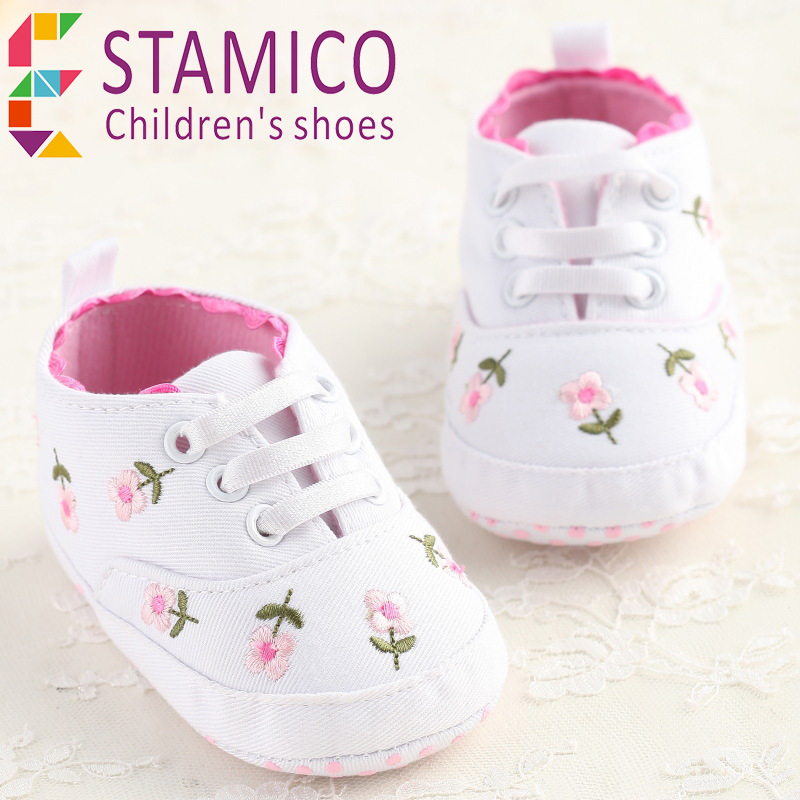 秋新款外貿原單白色印花花朵松緊帶寶寶鞋女嬰兒鞋學步babyshoes工廠,批發,進口,代購