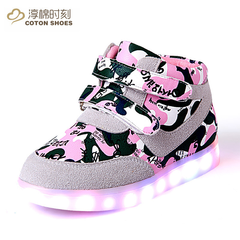 反絨皮魔術貼usb充電燈鞋夜光男女童潮鞋 休閒保暖碎花低筒棉靴批發・進口・工廠・代買・代購