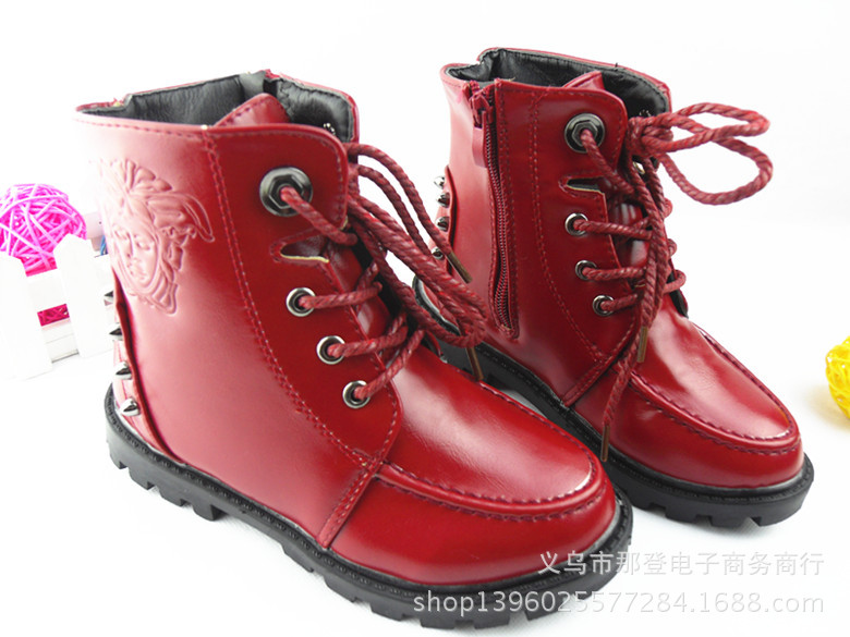2014秋冬新款韓版男童女童高幫馬丁靴鉚釘側帶拉鏈前系帶二棉工廠,批發,進口,代購