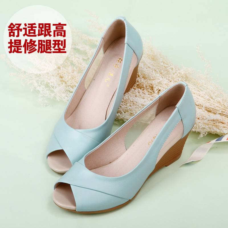 廠傢直銷 麗寧潔兒夏季新款真皮中跟涼鞋女網紗坡跟魚嘴鞋批發價批發・進口・工廠・代買・代購