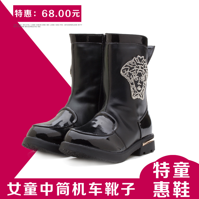 2015秋冬新款 韓版時尚水鉆亮皮女童短靴 休閒保暖中筒靴 直銷工廠,批發,進口,代購