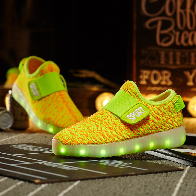 新款LED發光鞋USB充電跑馬燈男童鞋椰子魔術貼女童鞋休閒飛織燈鞋工廠,批發,進口,代購