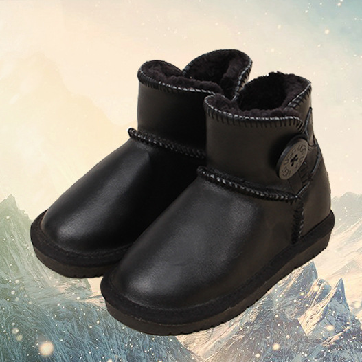 廠傢直銷批發3352兒童雪靴冬季新款牛皮保暖防滑靴子黑色金屬批發・進口・工廠・代買・代購