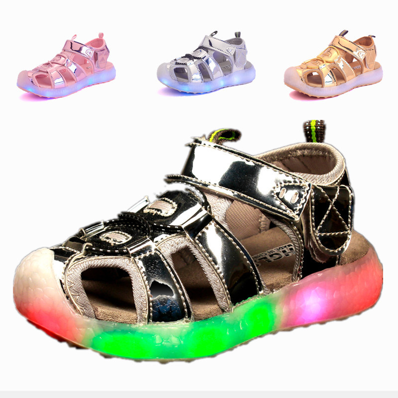 夏季新款兒童燈鞋 USB充電發光鞋 外貿兒童沙灘拖鞋 亮麵透氣燈鞋批發・進口・工廠・代買・代購