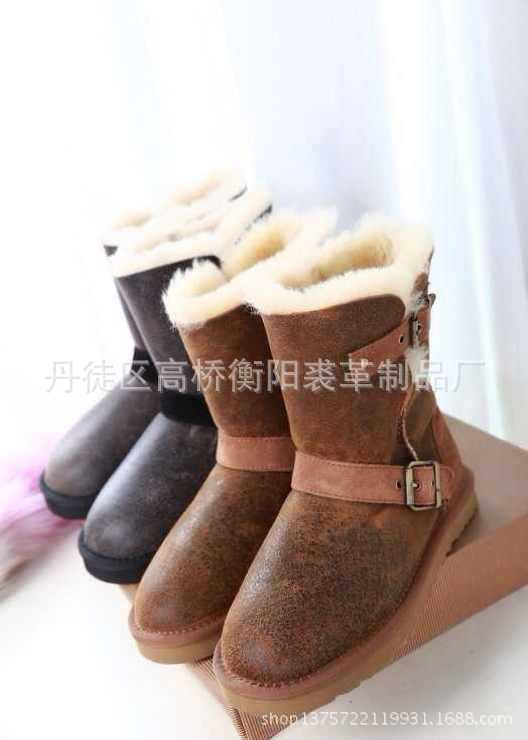雪靴機車摔皮紋皮毛一體靴秋冬中筒靴女靴黑色廠傢一件代發工廠,批發,進口,代購