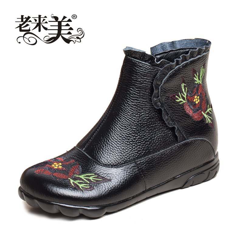 民族風繡花短靴子真皮中國風媽媽鞋中老年頭層牛皮棉靴女靴秋冬季工廠,批發,進口,代購