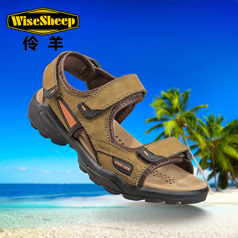 伶羊/WS 男士沙灘鞋 真皮頭層牛皮露趾防滑夏季純手工男大碼涼鞋工廠,批發,進口,代購
