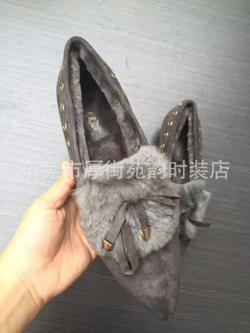 U*G冬季新款兔毛尖頭淺口蝴蝶結棉鞋低跟軟底休閒加絨毛毛鞋批發・進口・工廠・代買・代購