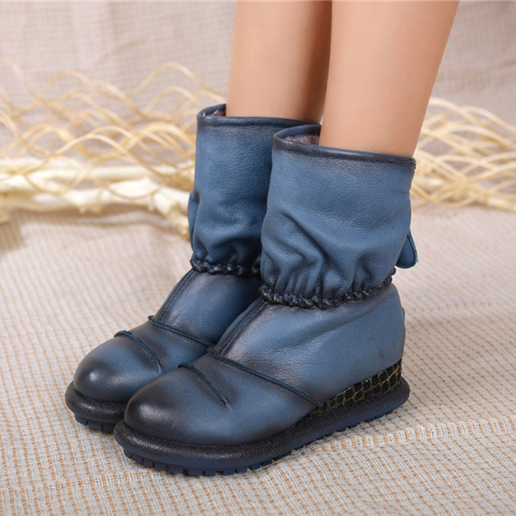 2014女士冬季鞋子新款潮原創手工頭層牛皮中跟小坡跟軟皮加絨棉靴批發・進口・工廠・代買・代購