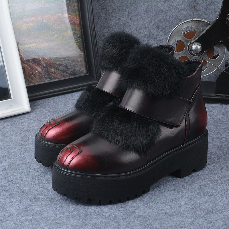 廠傢直銷2015新款冬季加絨兔毛高跟短靴魔術貼厚底松糕棉靴馬丁靴批發・進口・工廠・代買・代購