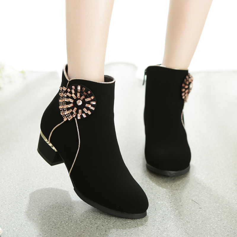 2015冬季新品簡約花朵短靴磨砂水鉆粗跟冬靴休閒中跟女士二棉靴工廠,批發,進口,代購