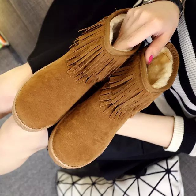 2015冬季新款棉雪靴加厚女式保暖磨砂皮圓頭低筒純色流蘇靴批發工廠,批發,進口,代購