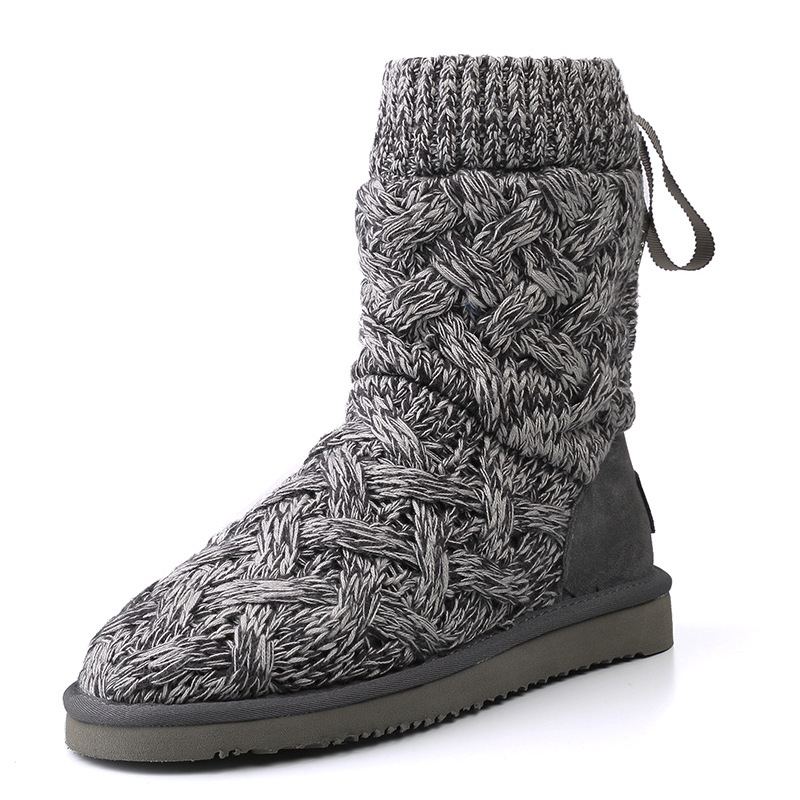 新款毛線編織中筒雪靴 冬季系帶防滑羊皮毛一體雪靴廠傢批發工廠,批發,進口,代購