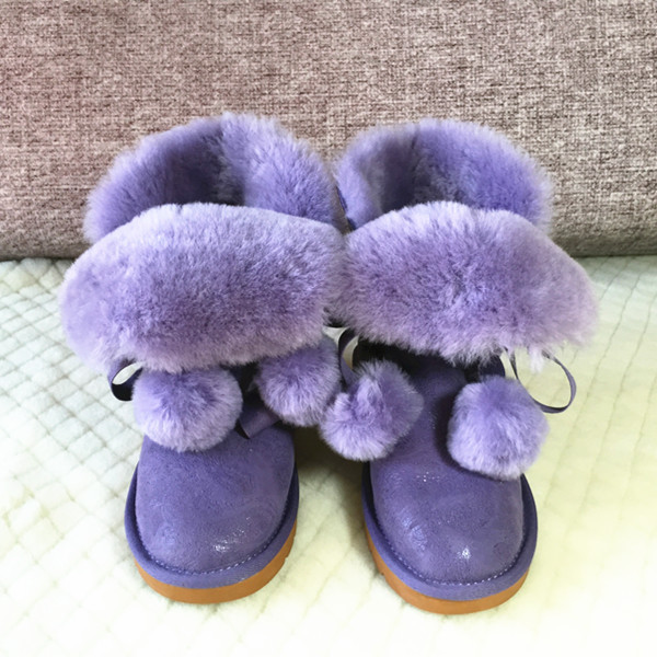 5825女款雪靴 羊皮毛一體圓球夢幻紫翻邊雪靴 防滑時尚保暖鞋批發・進口・工廠・代買・代購