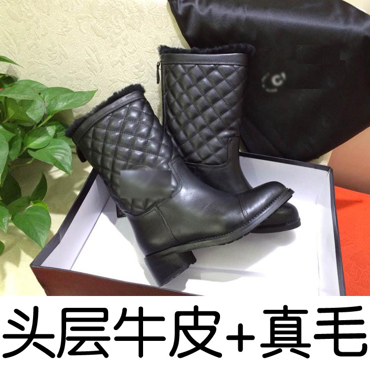 【清倉】全真皮女士雪靴 小香傢菱格中筒靴 真毛內裡後拉鏈女靴批發・進口・工廠・代買・代購