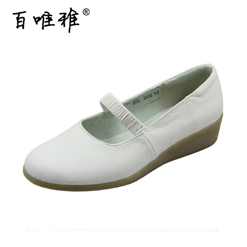 百唯雅護士鞋真皮牛筋底白色坡跟女鞋媽媽鞋小白鞋軟牛皮鞋工廠,批發,進口,代購