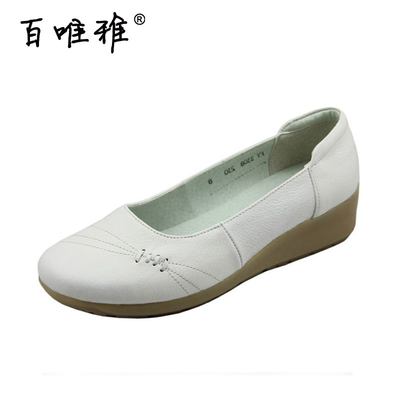 百唯雅護士鞋真皮牛筋底白色坡跟女鞋媽媽鞋小白鞋軟牛皮鞋工廠,批發,進口,代購