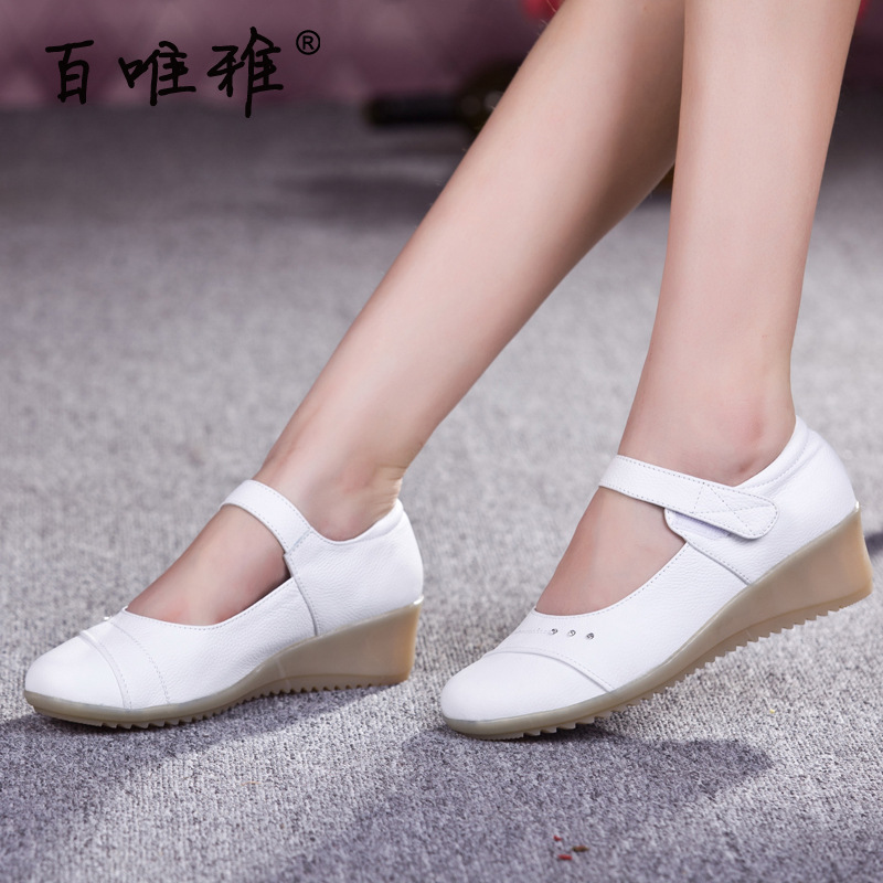 百唯雅護士鞋真皮牛筋底白色坡跟女鞋媽媽鞋小白鞋軟牛皮鞋批發・進口・工廠・代買・代購
