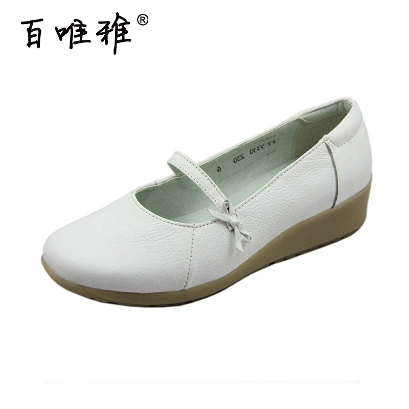 百唯雅護士鞋真皮牛筋底白色坡跟女鞋媽媽鞋小白鞋軟牛皮鞋工廠,批發,進口,代購