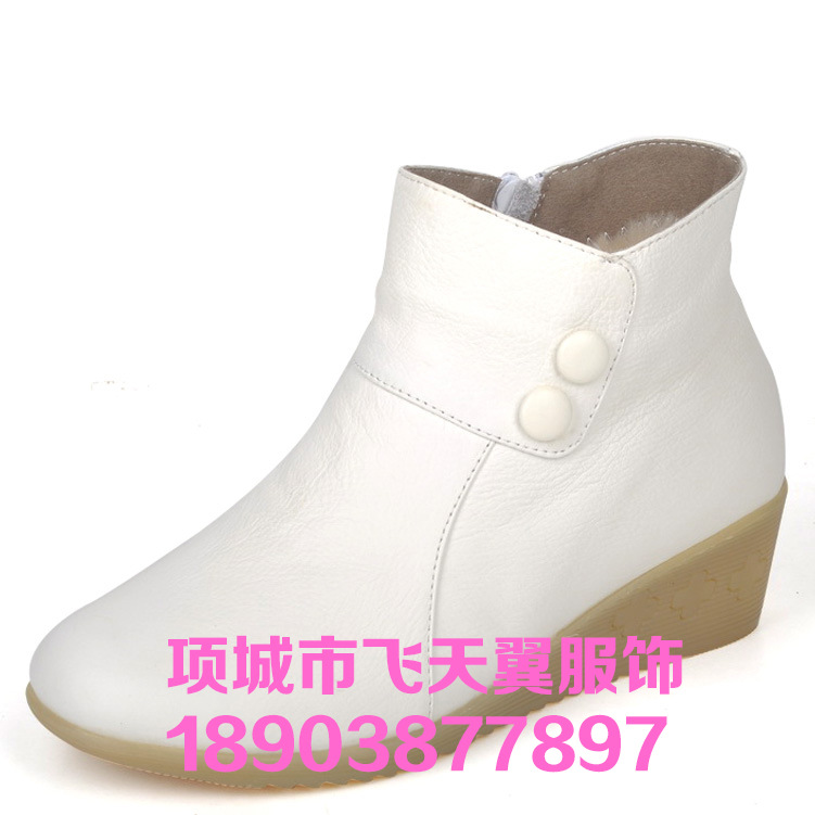 冬季護士鞋白色棉鞋短靴真皮冬天加絨防滑坡跟牛筋底側拉鏈包郵工廠,批發,進口,代購