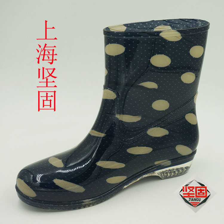 廠傢直銷生產上海堅固雙錢PVC低筒女式款圓波點雨鞋雨靴時尚防滑批發・進口・工廠・代買・代購