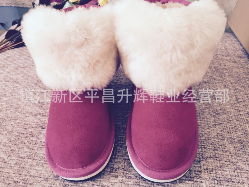 廠傢直銷女童鞋5854款梅紅色後蝴碟結小辣椒羊皮毛一體雪靴批發・進口・工廠・代買・代購