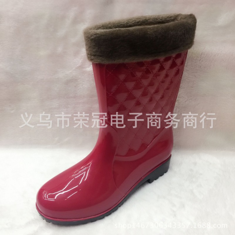 時尚菱形格PVC女款雨靴保暖可拆卸內膽加絨防水防滑套鞋雨鞋水鞋批發・進口・工廠・代買・代購