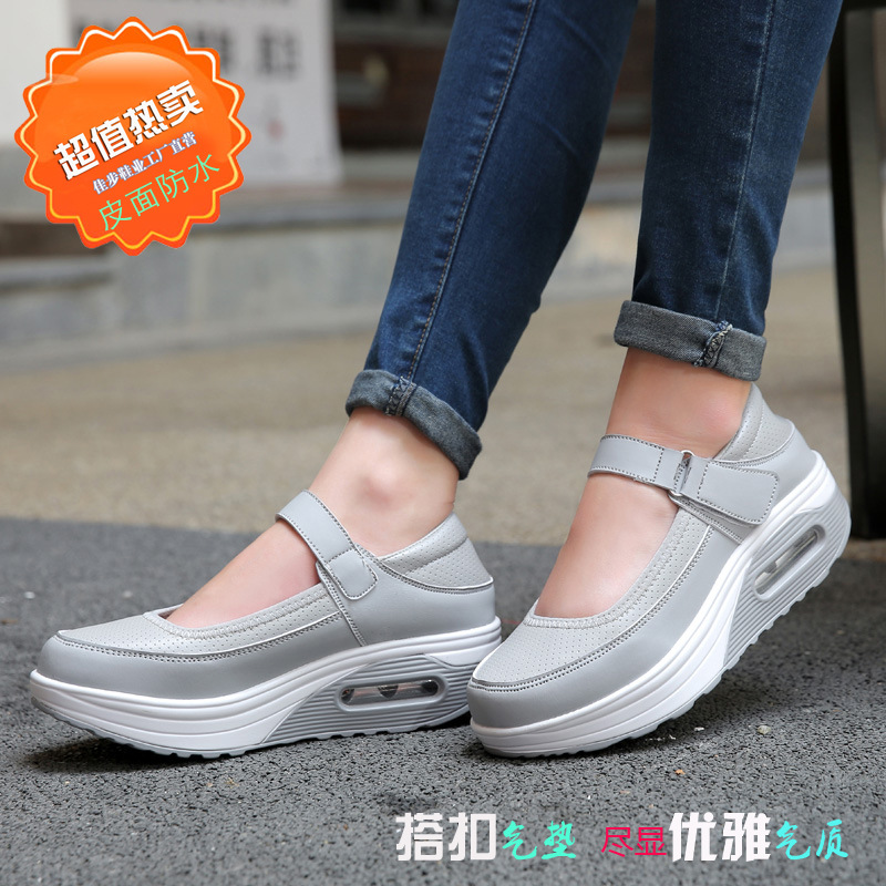 皮麵氣墊松糕跟厚底休閒女單鞋純手工休閒春秋單鞋搖搖鞋一件代發批發・進口・工廠・代買・代購