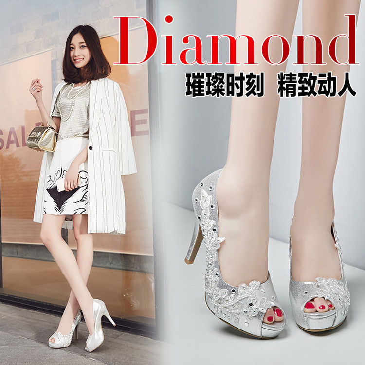秋季新款真皮水鉆高跟鞋魚嘴防水臺女鞋粗跟單鞋銀色婚鞋工廠,批發,進口,代購