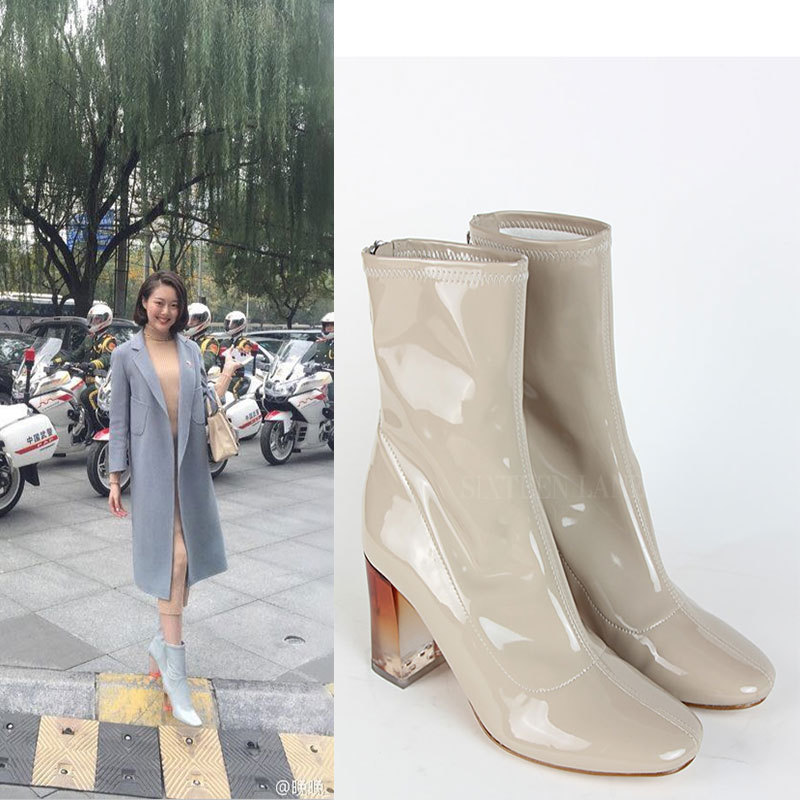 晚晚同款女鞋冬季新款歐美時尚漆皮高跟短靴粗跟加絨女靴工廠,批發,進口,代購