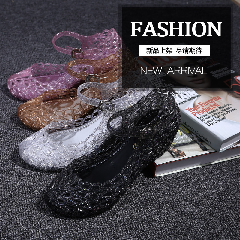 2016新款水晶塑料透明閃片涼鞋坡跟網狀魚嘴塑料中跟女拖鞋子批發批發・進口・工廠・代買・代購