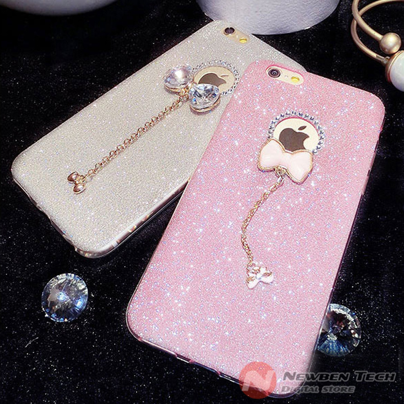 閃粉iPhone6s手機殼4.7蘋果7plus水鉆蝴蝶結吊墜6s保護套奢華軟殼工廠,批發,進口,代購