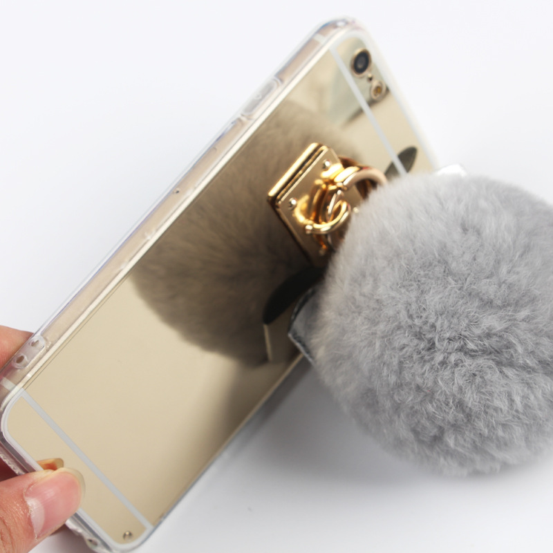 iphone6瀨兔毛球電鍍鏡麵手機殼 7Plus毛絨鑲鉆蝴蝶結吊墜手機殼工廠,批發,進口,代購