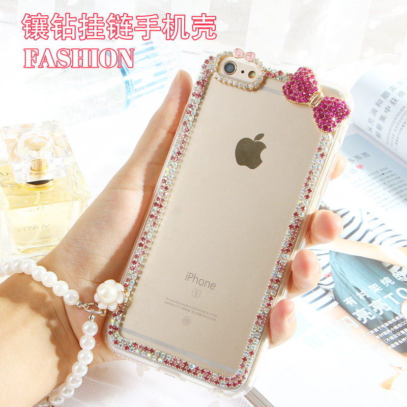 新款蘋果6s鑲鉆手機殼 iPhone6puls蝴蝶結鑲鉆掛繩手機殼 全包軟工廠,批發,進口,代購