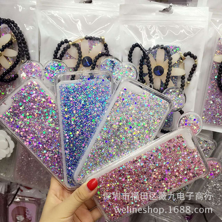 米奇耳朵滴膠手機殼粉色閃粉亮片iPhone6s7plus保護套帶掛繩孔工廠,批發,進口,代購
