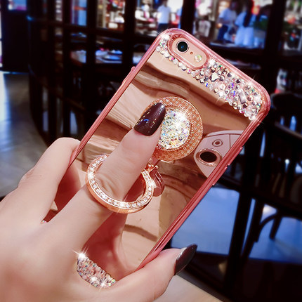 iphone6s手機殼指環扣奢華鑲鉆鏡麵保護矽膠套蘋果6splus手機殼女工廠,批發,進口,代購