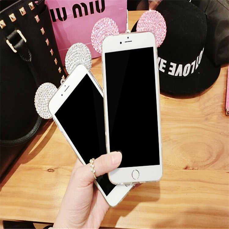 新蘋果iPhone6 6plus鑲鉆水晶鉆米奇耳朵手機殼掛繩透明保護套4.7批發・進口・工廠・代買・代購