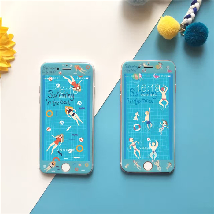 卡通泳池蘋果6/6s保護膜可愛遊泳男女iphone6plus鋼化前膜工廠,批發,進口,代購