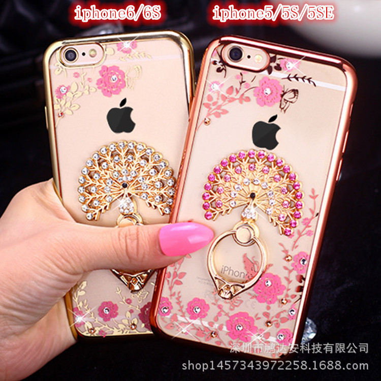 iphone6Splus創意手機殼新款水鉆矽膠套蘋果5孔雀支架手機指環扣批發・進口・工廠・代買・代購