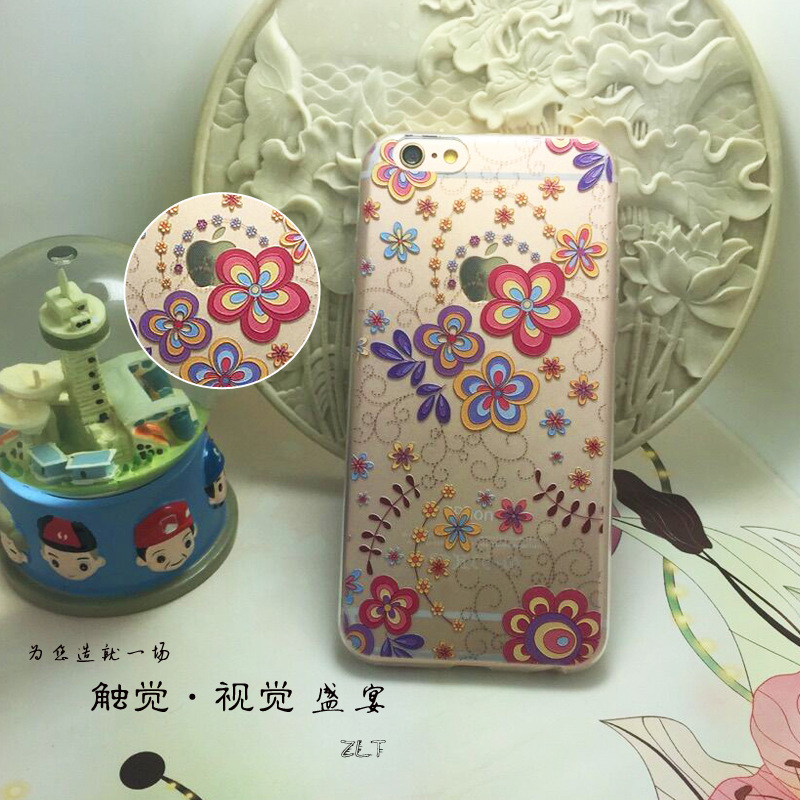 唯美花紋彩繪TPU蘋果6手機殼3D浮雕手感iPhone6s plus軟殼保護套工廠,批發,進口,代購