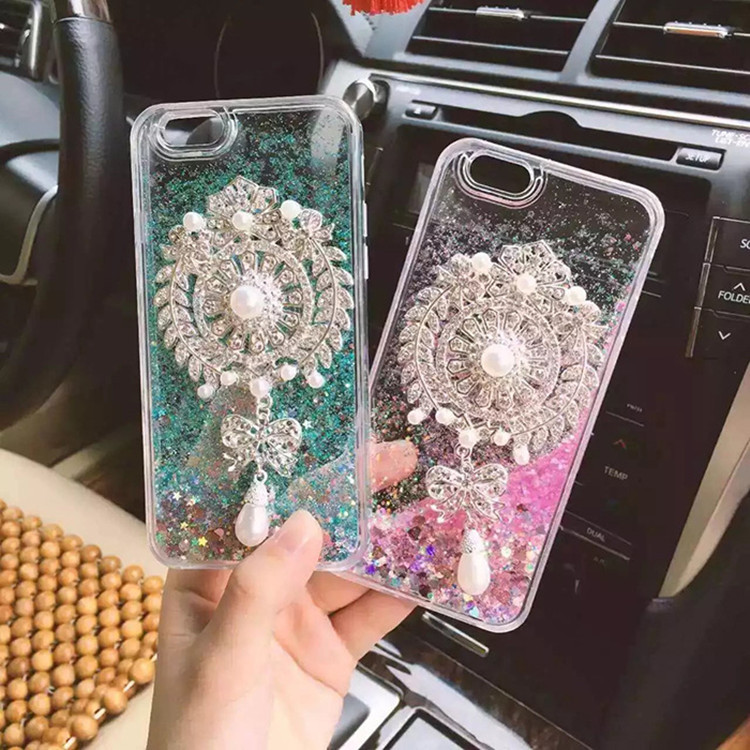 奢華鑲鉆珍珠胸針iPhone6s手機殼蘋果plus軟邊硬殼液態流沙保護套批發・進口・工廠・代買・代購