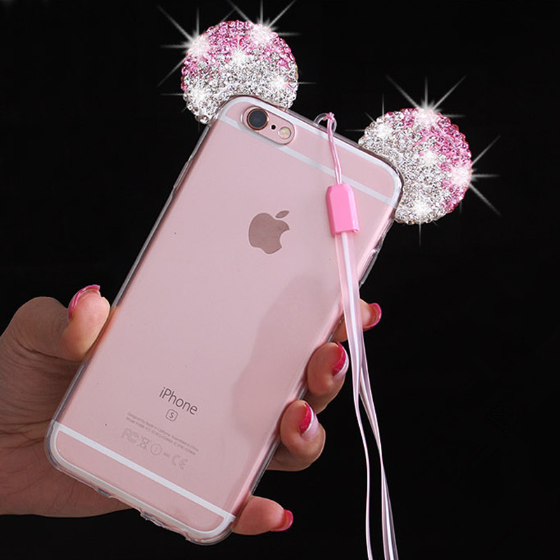 爆款iPhone7鑲鉆米奇耳朵手機殼蘋果7plus米奇耳朵石膏鉆保護套潮工廠,批發,進口,代購