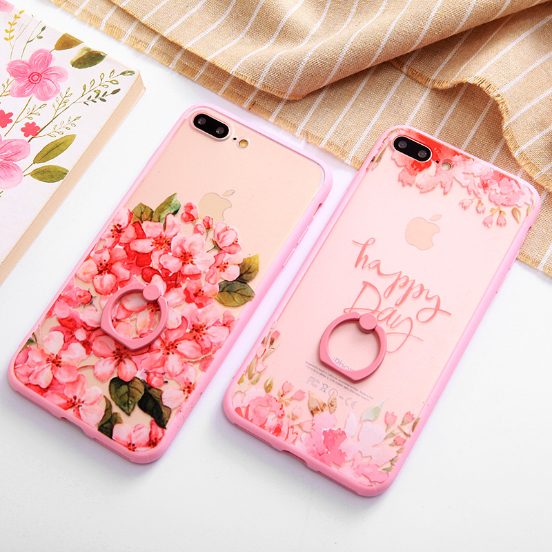 iphone7 plus指環扣手機殼蘋果7代日韓花開富貴支架保護外殼6代工廠,批發,進口,代購